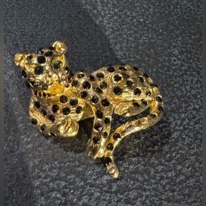 Gold-Tone Leopard Brooch with Black Spots and Green Eyes